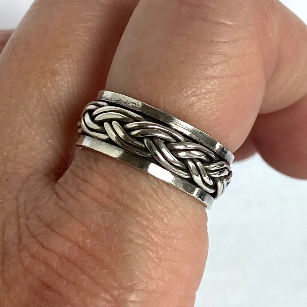 Sterling Silver 925 8MM Unisex Braided Rope Wide Band Spinner Ring Size 8.25 8g